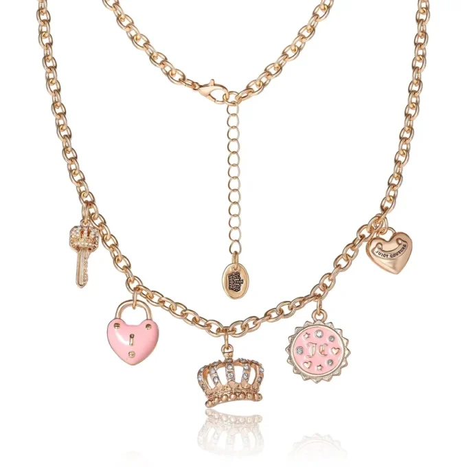 Charm Necklace with Pink Enamel Accents and Crystal Details