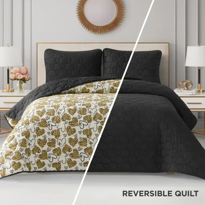 Cheetah Doodle Hearts Quilt Set