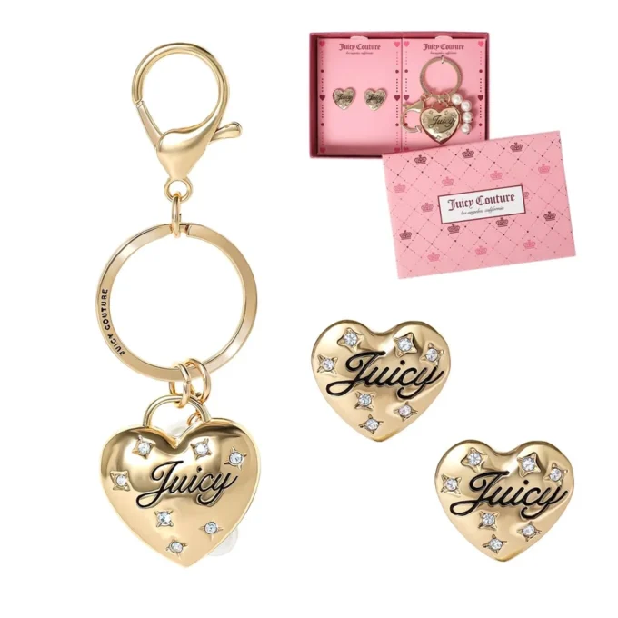 Gold-Tone Heart Keychain Bag Charm & Earring Set