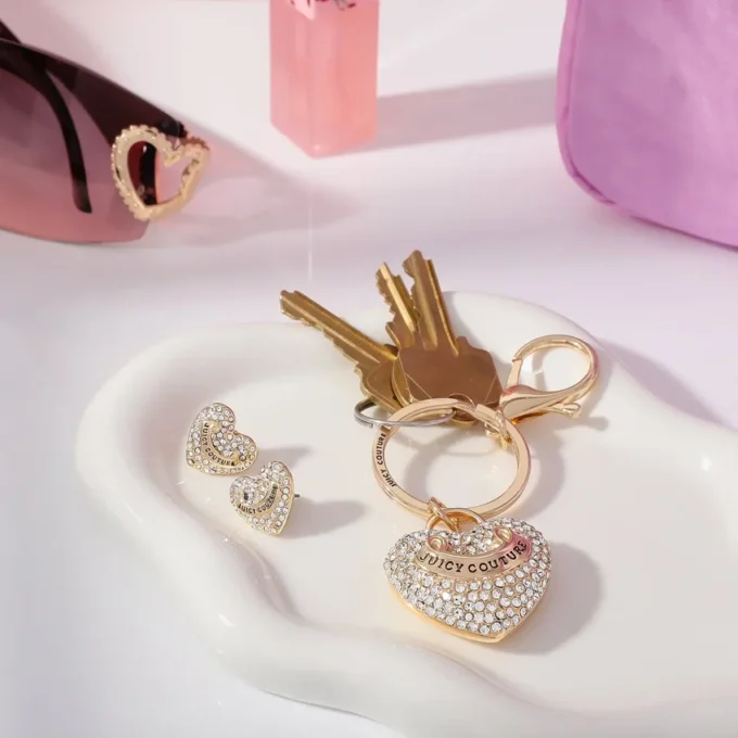 Gold-Tone Pave Heart Keychain Bag Charm & Earrings Set