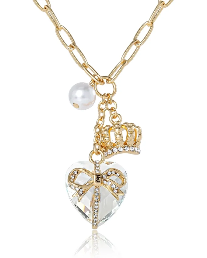 Heart, Crown, Pearl Charm Cluster Necklace Heart, Crown, Pearl Charm Cluster Necklace