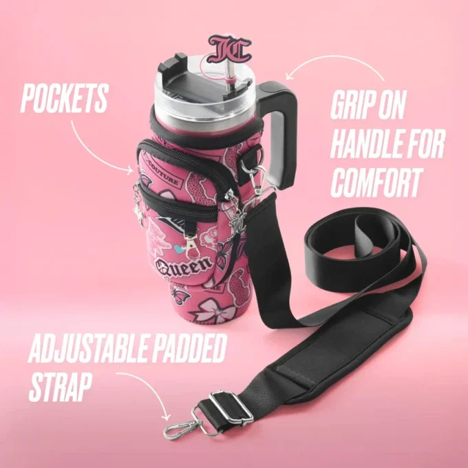 Jetsetter Hydration Stainless Steel Tumbler with Handle, Straw & Topper with Neoprene Crossbody Pouch