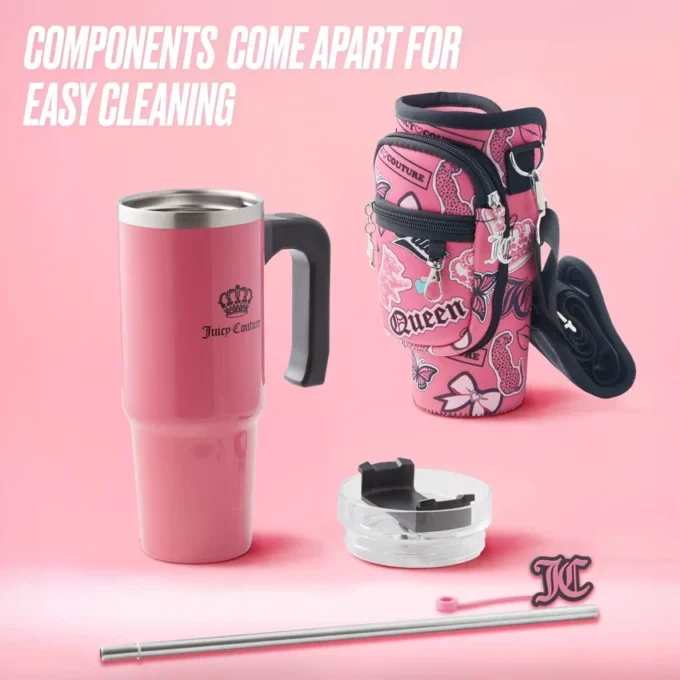 Jetsetter Hydration Stainless Steel Tumbler with Handle, Straw & Topper with Neoprene Crossbody Pouch