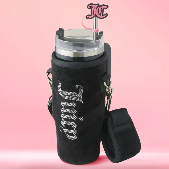 Jetsetter Hydration Stainless Steel Tumbler with Handle, Straw & Topper with Velour Crossbody Pouch