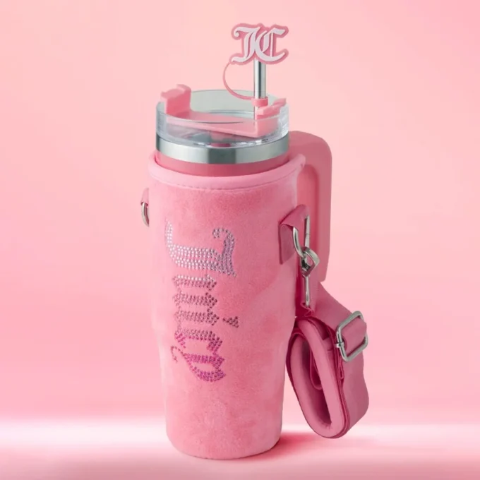 Jetsetter Hydration Stainless Steel Tumbler with Handle, Straw & Topper with Velour Crossbody Pouch