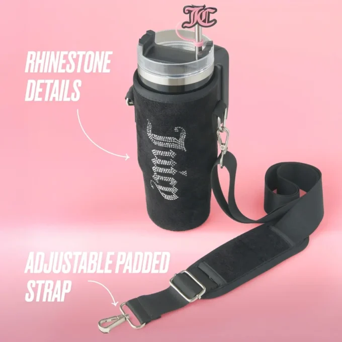 Jetsetter Hydration Stainless Steel Tumbler with Handle, Straw & Topper with Velour Crossbody Pouch