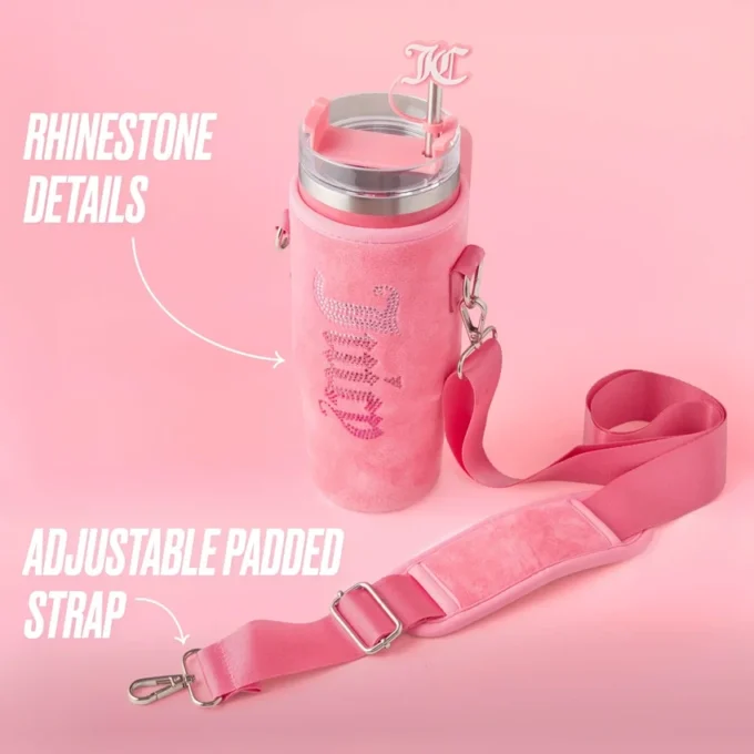 Jetsetter Hydration Stainless Steel Tumbler with Handle, Straw & Topper with Velour Crossbody Pouch
