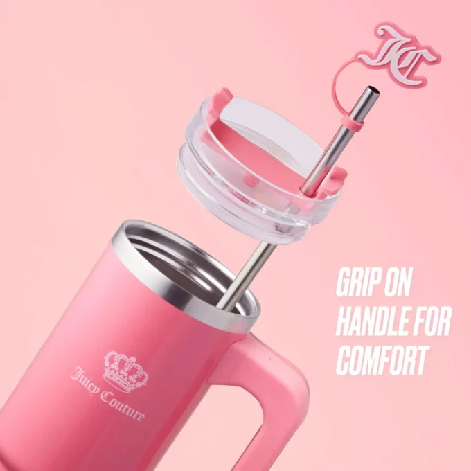 Jetsetter Hydration Stainless Steel Tumbler with Handle, Straw & Topper with Velour Crossbody Pouch