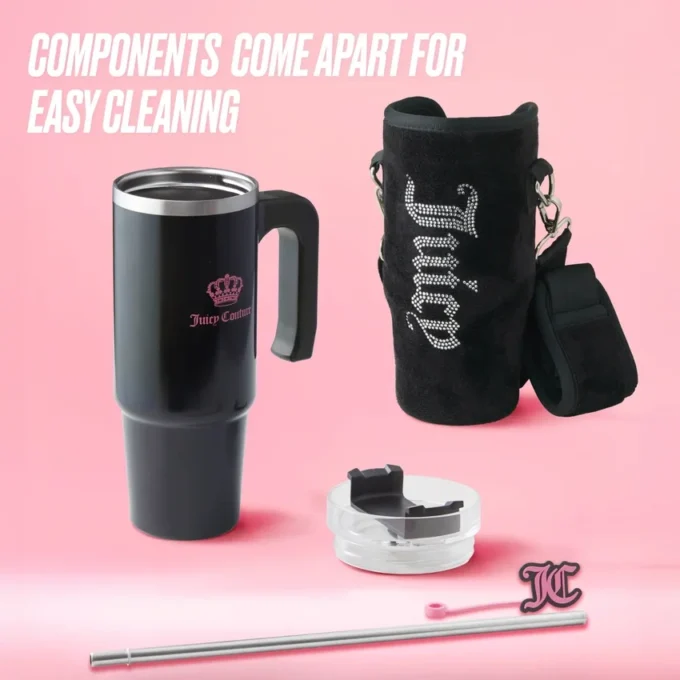Jetsetter Hydration Stainless Steel Tumbler with Handle, Straw & Topper with Velour Crossbody Pouch