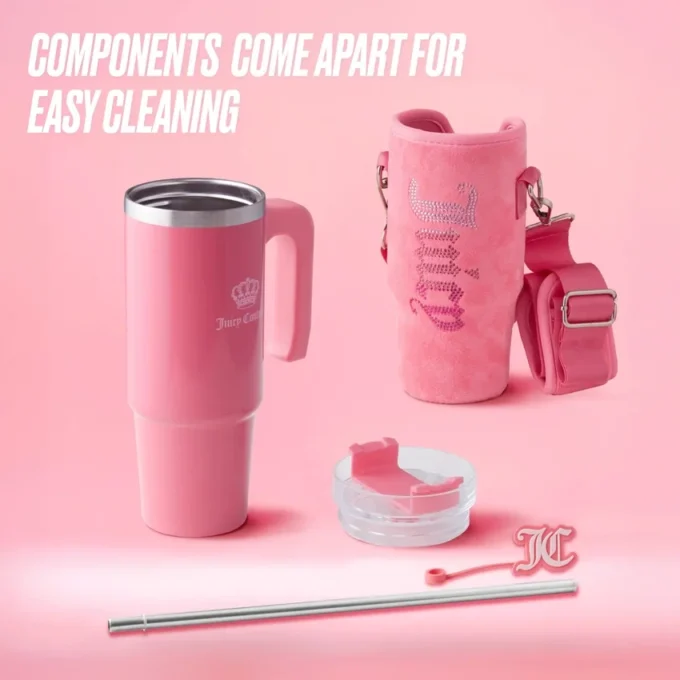Jetsetter Hydration Stainless Steel Tumbler with Handle, Straw & Topper with Velour Crossbody Pouch