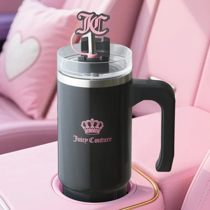 Jetsetter Hydration Stainless Steel Tumbler with Handle, Straw & Topper with Velour Crossbody Pouch