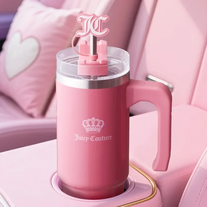 Jetsetter Hydration Stainless Steel Tumbler with Handle, Straw & Topper with Velour Crossbody Pouch