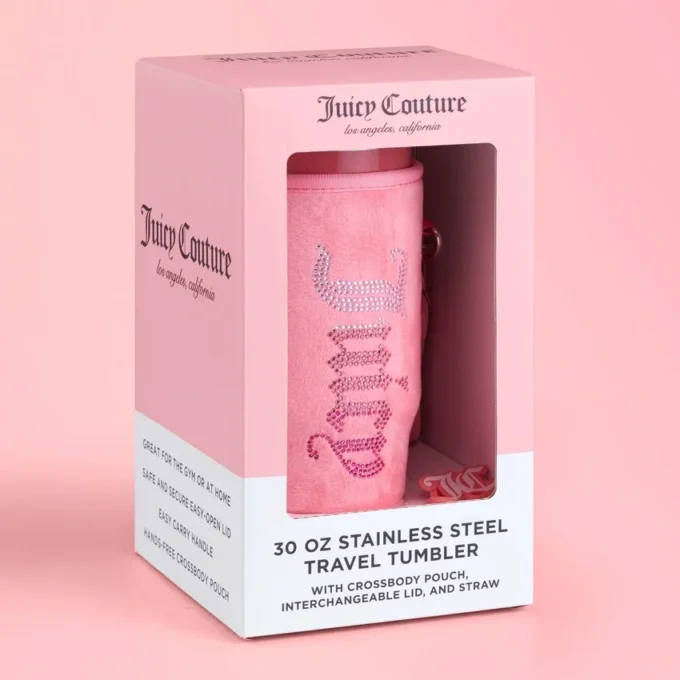Jetsetter Hydration Stainless Steel Tumbler with Handle, Straw & Topper with Velour Crossbody Pouch