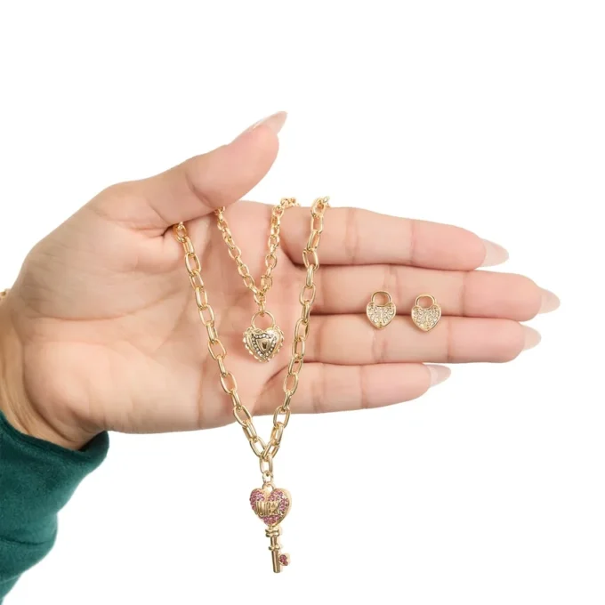 Key Charm Layered Necklace and Lock Earring Set