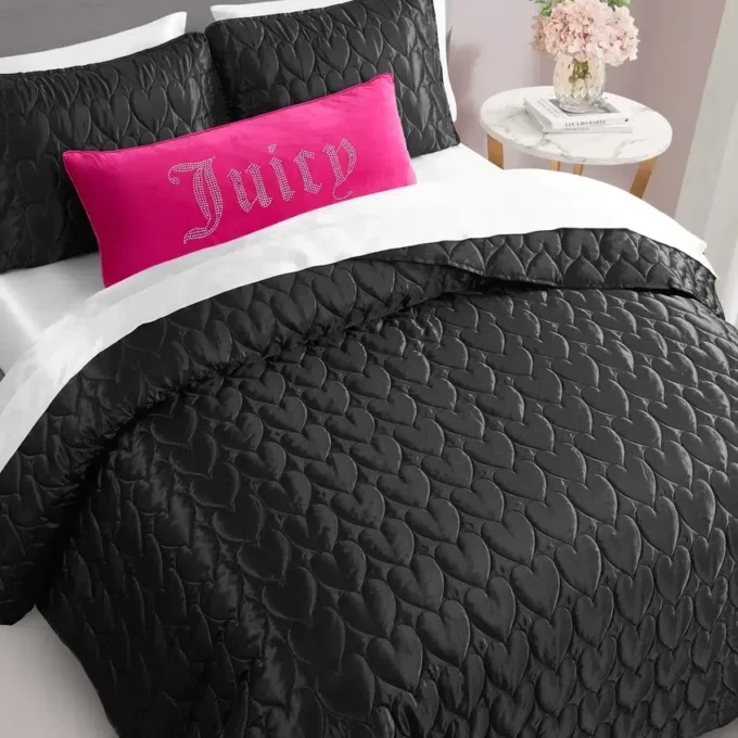 Satin Heart Stitched Quilt Set