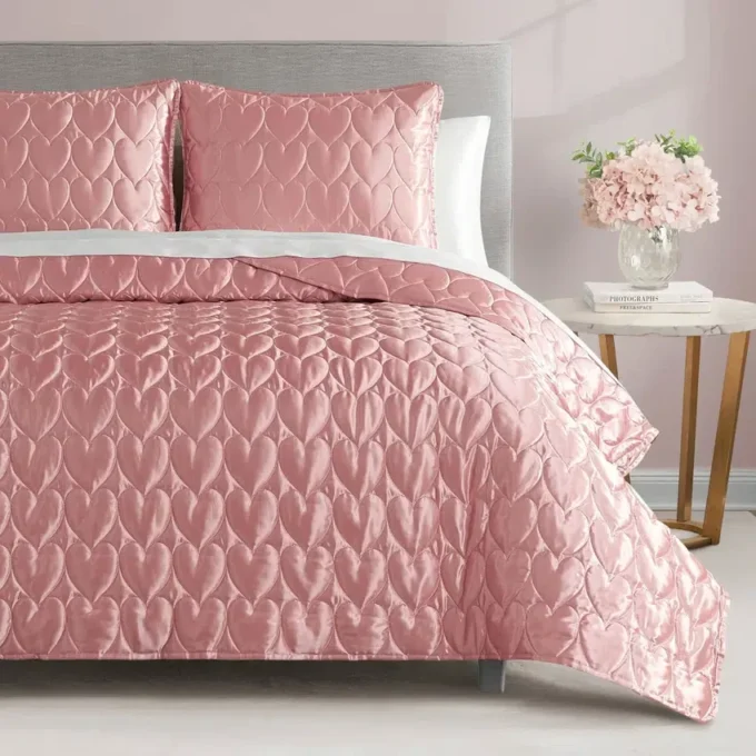 Satin Heart Stitched Quilt Set