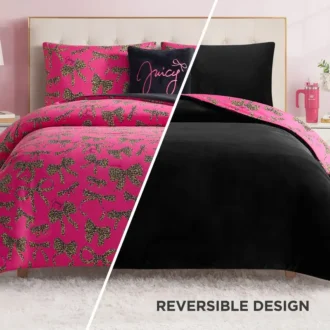 Solid Plush Reversible Cheetah Bows Comforter Set