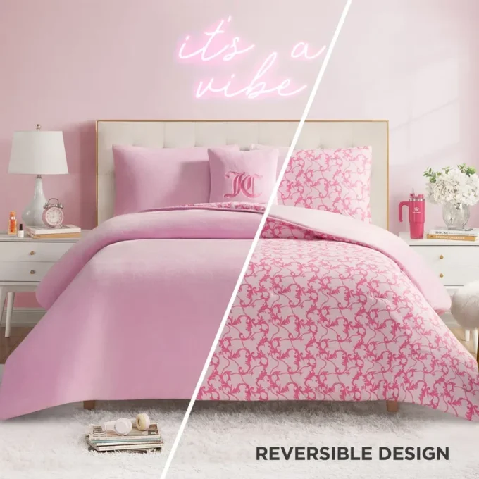 Solid Plush Reversible Cheetah Bows Comforter Set