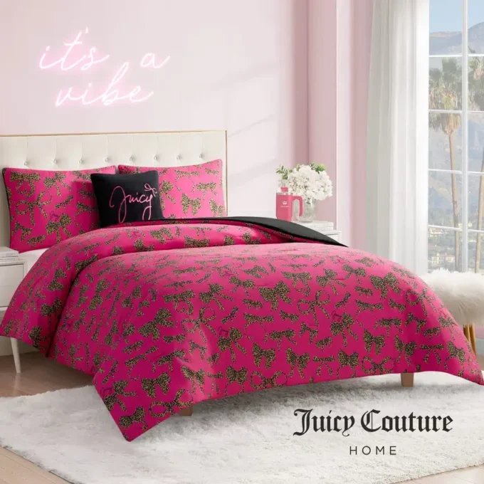 Solid Plush Reversible Cheetah Bows Comforter Set