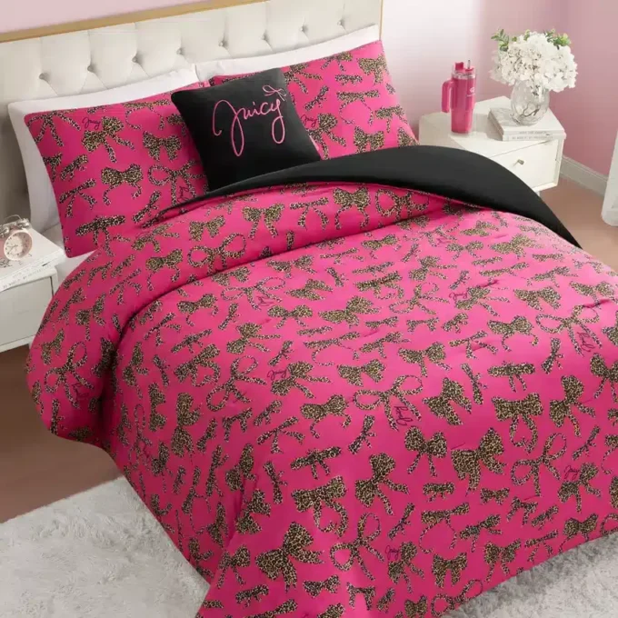 Solid Plush Reversible Cheetah Bows Comforter Set